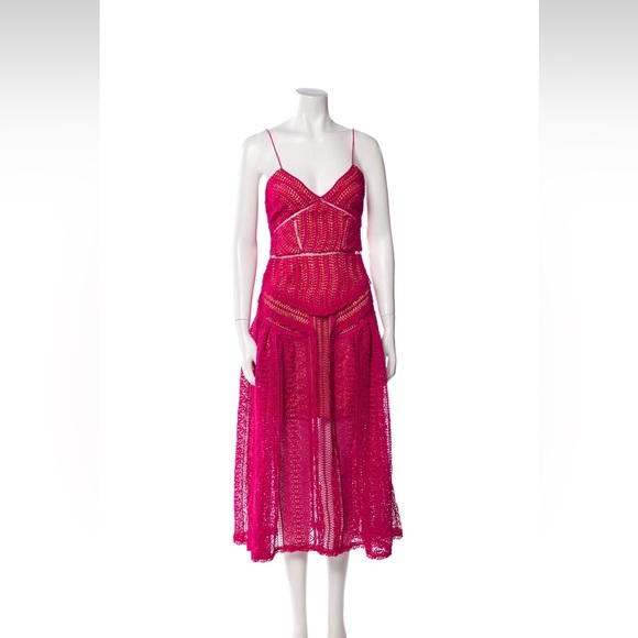 Self-Portrait Fuchsia Guipure Lace Spiral Midi Dress, Nude Lining, US4, UK8 EX++ - Picture 8 of 10